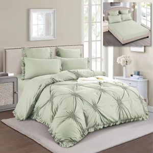 Lenjerie pat dublu,  Soft Touch, 6 piese, ELASTIC, cu VOLANASE si INIMIOARE BRODATE, Verde menta