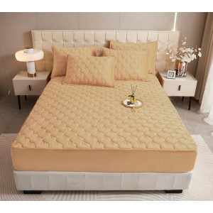 Husã matlasatã tip topper din catifea, 140x200cm + 2 fete de perna 50x70cm, camel