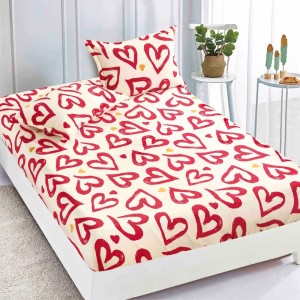 Cearsaf cu elastic COCOLINO, 180x200x25cm, 2 fete de perne, Jojo Home, Crem-Rosu, inimioare