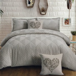 Lenjerie pat dublu, Finet Satinat Deluxe cu Smocuri Brodate, IDENTICA CU POZA, cu elastic, 4 anotimpuri, 6 piese, grej