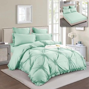 Lenjerie pat dublu,  Soft Touch, 6 piese, ELASTIC, cu VOLANASE si INIMIOARE BRODATE, Verde aqua