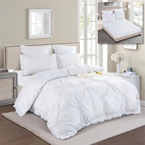 Lenjerie pat dublu,  Soft Touch, 6 piese, ELASTIC, cu VOLANASE si INIMIOARE BRODATE, Alb