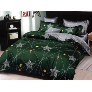 Lenjerie pat dublu, Pucioasa Romania, 4 piese, Bumbac Satinat Superior, Verde, stelute