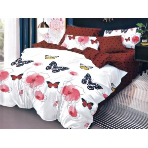 Lenjerie pat dublu, Pucioasa Romania, 4 piese, Bumbac Satinat Superior, Alb-Rosu, flori, fluturi