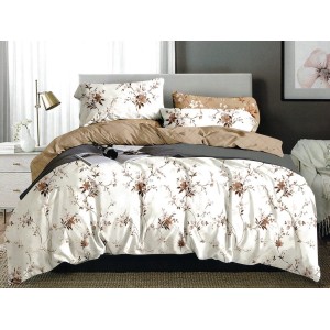 Lenjerie pat dublu, Pucioasa Romania, 4 piese, Bumbac Satinat Superior, Bej, flori