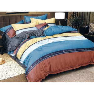 Lenjerie pat dublu, Pucioasa Romania, 4 piese, Bumbac Satinat Superior, Albastru, dungi