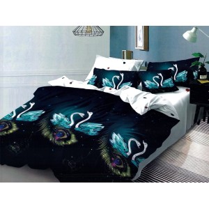 Lenjerie pat dublu, Pucioasa Romania, 4 piese, Bumbac Satinat Superior, Negru, pene, lebede