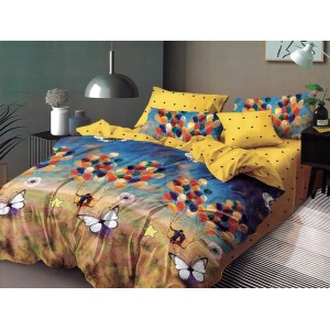 Lenjerie pat dublu, Pucioasa Romania, 4 piese, Bumbac Satinat Superior, Galben, fluturi, baloane