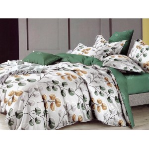 Lenjerie pat dublu, Pucioasa Romania, 4 piese, Bumbac Satinat Superior, Verde, crengute