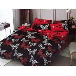 Lenjerie pat dublu, Pucioasa Romania, 4 piese, Bumbac Satinat Superior, Negru-Rosu, fluturi