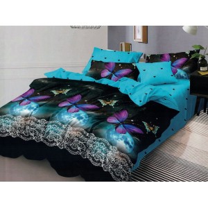 Lenjerie pat dublu, Pucioasa Romania, 4 piese, Bumbac Satinat Superior, Negru-Bleu, fluturi, floral, inimioare