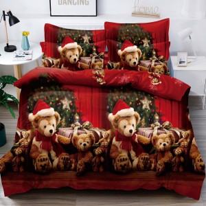 Lenjerie pat 1 PERSOANA,  FINET, 4 piese, Jojo Home, Craciun, Rosu, ursuleti