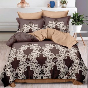 Lenjerie pat dublu,  FINET, 6 piese, cu ELASTIC, Maro, model oriental