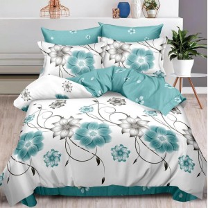 Lenjerie pat dublu,  FINET, 6 piese, cu ELASTIC, Turquoise, flori