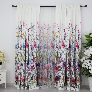 Set 2 bucati de Draperie Satinata imprimata, flori roz si mov, 200cm x 232cm, cu rejansa pt bara