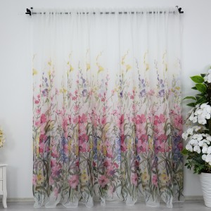 Perdea din matase imprimata, flori roz, latime 500cm, inaltime 232cm, cu rejansa pt bara