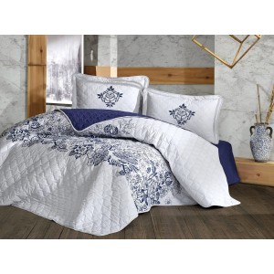 Set cuvertura de pat dublu, 3 piese, Bumbac 100%, 240x260cm, Clasy, MANDORA V1-Darkblue