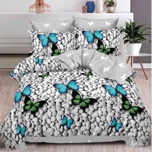 Lenjerie pat dublu,  FINET, 6 piese, cu ELASTIC, Gri, pietre, fluturi