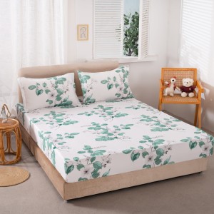 Cearsaf cu elastic, Bumbac Satinat, 160/180x200cm, 2 fete de perne 50x70cm, Verde, frunze