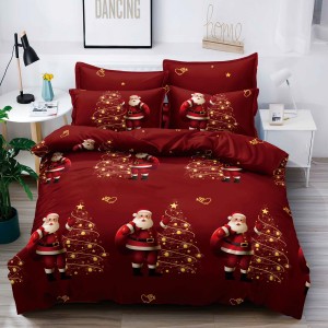 Lenjerie pat 1 PERSOANA,  FINET, 4 piese, Jojo Home, Craciun, Rosu, Mos Craciun