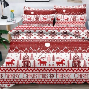 Lenjerie pat dublu,  FINET, 6 piese, Craciun, Rosu