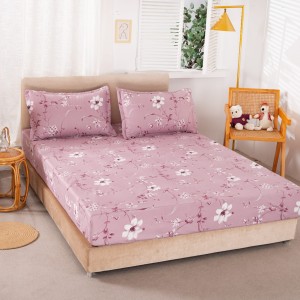 Cearsaf cu elastic, Bumbac Satinat, 160/180x200cm, 2 fete de perne 50x70cm, Roz, flori