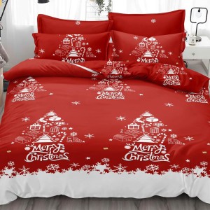 Lenjerie pat dublu,  FINET, 6 piese, Craciun, Rosu