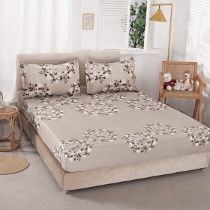 Cearsaf cu elastic, Bumbac Satinat, 160/180x200cm, 2 fete de perne 50x70cm, Bej, flori