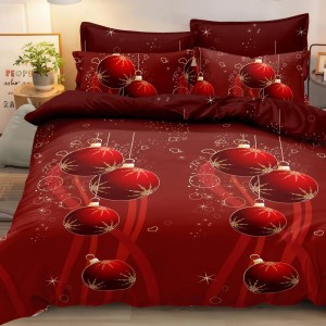 Lenjerie pat dublu,  FINET, 6 piese, Craciun, Rosu