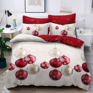 Lenjerie pat 1 PERSOANA,  FINET, 4 piese, Jojo Home, Craciun, Crem - Rosu, globulete