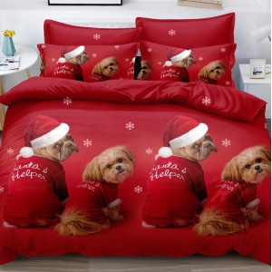 Lenjerie pat dublu,  FINET, 6 piese, Craciun, Rosu