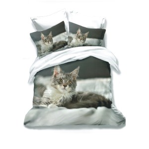 Lenjerie pat dublu, Ralex Pucioasa, 6 piese, Bumbac Finet, imprimeu 3D, IDENTIC CU POZA, Gri, pisica