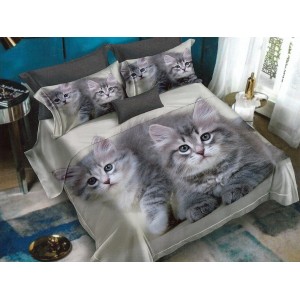 Lenjerie pat dublu, Ralex Pucioasa, 6 piese, Bumbac Finet, imprimeu 3D, IDENTIC CU POZA, Gri, pisici