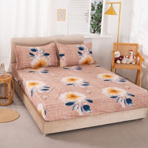 Cearsaf cu elastic, Bumbac Satinat, 160/180x200cm, 2 fete de perne 50x70cm, Bej, flori