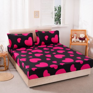 Cearsaf cu elastic, Bumbac Satinat, 160/180x200cm, 2 fete de perne 50x70cm, Roz, inimioare