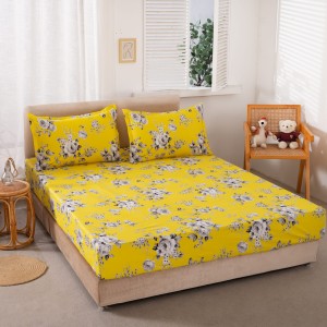 Cearsaf cu elastic, Bumbac Satinat, 160/180x200cm, 2 fete de perne 50x70cm, Galben, flori