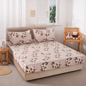 Cearsaf cu elastic, Bumbac Satinat, 160/180x200cm, 2 fete de perne 50x70cm, Bej, flori