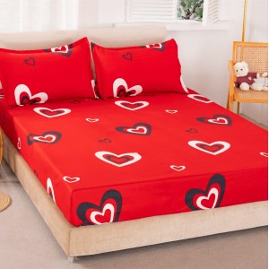 Cearsaf cu elastic, Bumbac Satinat, 160/180x200cm, 2 fete de perne 50x70cm, Rosu, inimioare