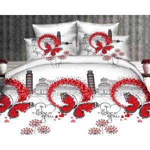 Lenjerie pat dublu, 4 piese, IMPRIMEU 3D Multiplicat, Microfibra, Alb-Rosu, fluturi, oras