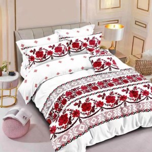 Lenjerie pat dublu,  FINET, 6 piese, Alb-Rosu, model traditional