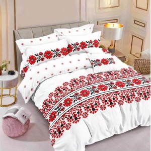 Lenjerie pat dublu,  FINET, 6 piese, Alb-Rosu, model traditional