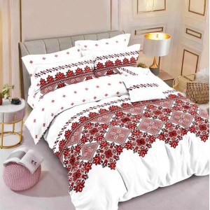 Lenjerie pat dublu,  FINET, 6 piese, Alb-Rosu, model traditional