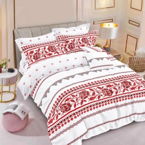 Lenjerie pat dublu,  FINET, 6 piese, Alb-Rosu, model traditional