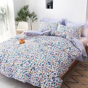 Lenjerie pat dublu cu doua feţe, bumbac satinat, 4 piese,  Multicolor, flori