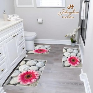 Set 3 covoare pentru Baie, Gri, pietre, flori