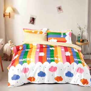 Lenjerie pat dublu cu doua feţe, bumbac satinat, 4 piese,  Multicolor, dungi, norisori