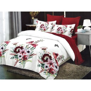 Lenjerie pat dublu, Ralex Pucioasa,  Finet, 6 piese, cu elastic, Alb-Rosu, flori