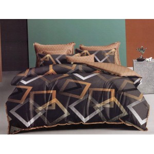 Lenjerie pat dublu, Ralex Pucioasa,  Finet, 6 piese, cu elastic, Maro, forme geometrice