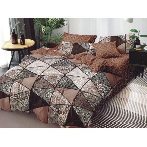 Lenjerie pat dublu, Ralex Pucioasa,  Finet, 6 piese, cu elastic, Maro, forme geometrice