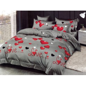 Lenjerie pat dublu, Ralex Pucioasa,  Finet, 6 piese, cu elastic, Gri-Rosu, inimioare